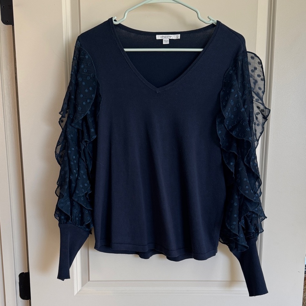 Chico's Midnight Blue Ruffle Sleeve Sweater